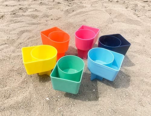 Home Queen Beach Cup Holder with Pocket, Multifunctional Sand Cup Holder for Beverage Phone Sunglass Key, Beach Accessory Drink Sand Coaster, Set of 6 (Navy, Teal, Yellow, Orange, Blue and Pink) - Thumbnail 5