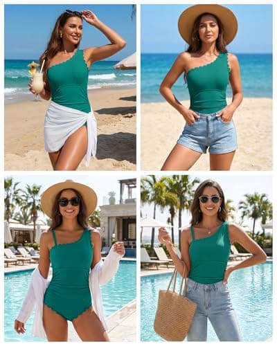 Charmo One Piece Swimsuit One Shoulder Bathing Suit for Womens 2026 Swimsuits Ribbed Swim Suit Scalloped Slimming Elder Swimwear Full Coverage Teal M - Thumbnail 6