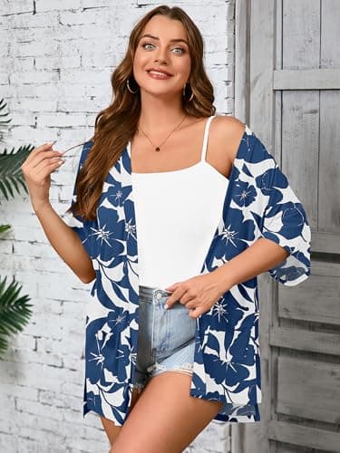 AusLook Plus Size Printed Cardigan for Women 3X Short Sleeve Lightweight Open Front Shrug with Pockets for Dresses and Layering - Thumbnail 4