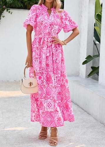 KIRUNDO Women Spring Summer Wedding Guest Boho Floral Maxi Dress Puff Sleeve Button Shirt V Neck Flowy Beach Vacation Dress(Rose Red, Medium) - Thumbnail 4