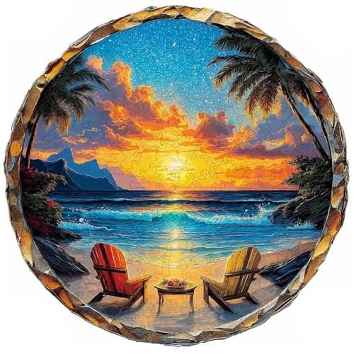 Wooden Puzzle for Adults, Sunset Beach Wooden Jigsaw Puzzle, Unique Shape Wooden Puzzles 200 Large Pieces, Challenging Outdoor Nature Scene Jigsaw Puzzles, Beatiful Artwork Wall Decor 11 * 10.9in
