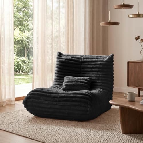 Bean Bag Chair for Adults, Giant Memory Foam Floor Sofa with Lumbar Pillow, Oversized Corduroy Beanbag Couch, Comfy Lounge Chair for Living Room, Bedroom, Apartment, Reading, Gaming (Black)