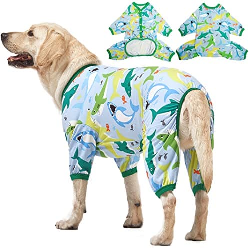 LovinPet Surgical Recovery Shirt for Large Dogs, Undershirt for Dog Coats, Lightweight Stretchy Knit Dog Onesie, Big Bites Turquoise Print, Pitbull Shirt, UV Protection,Stop Shedding for Dogs, 3XL