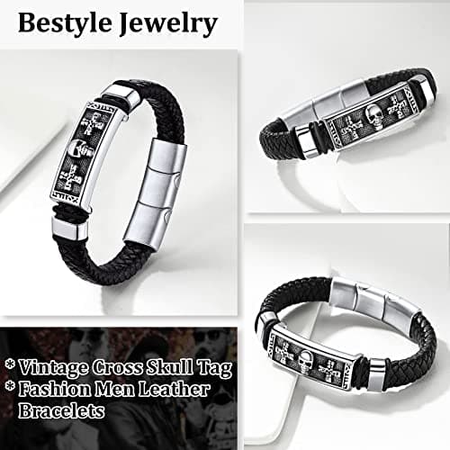 Bestyle Punk Mens Leather Skull Bracelets for Men Cool Stainless Steel Sketelon Cross Braided Leather Cuff Bracelets with Clasp Adjustable, Men Fashion Wrist Jewelry, Size 21-23cm - Thumbnail 4