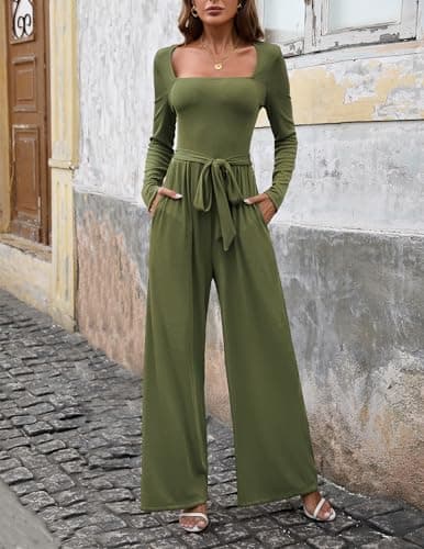 LOOKBOHO Womens Casual Jumpsuits Dressy Long Sleeve Square Neck Belt Wide Leg Long Romper With Pockets Army Green XL - Thumbnail 5