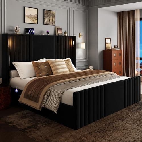 Uteeran King Size Bed Frame with 55.1" Tall Headboard, Velvet Upholstered Platform Bed with Channel Tufted Wingback, 2 Reading Lights/Storage Shelf/Charging Station/Easy Assembly/Noise-Free, Black - Thumbnail 6