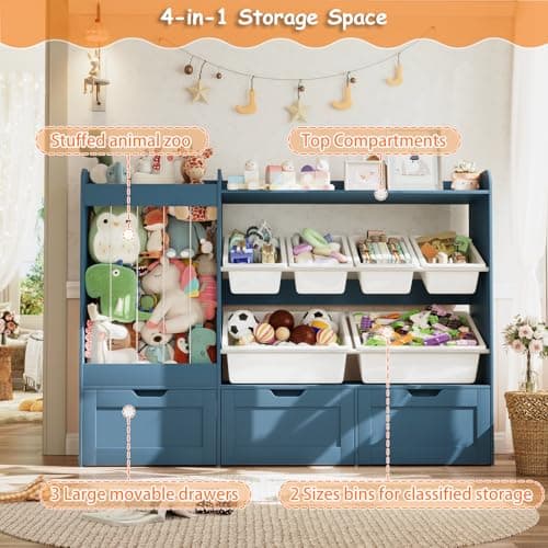 VortinT 50.6" W Large Toy Storage, Kids Toy Organizer Shelf with Stuffed Animal Zoo, 6 Plastic Bins, 3 Rolling Boxes, Wooden Toddler Toy Bookshelf Organization Shelves for Kids Room, Bedroom (Blue) - Thumbnail 3