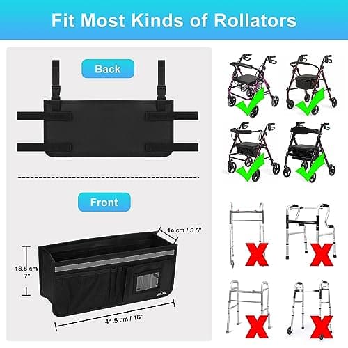 Rollator Basket, supregear Rollator Walker Bag w/Cup Holder, Foldable Rolling Walker Waterproof Storage Pouch with Big Capacity & Never Tipping Over, Easy to Use Rollator Accessories for Seniors - Thumbnail 2