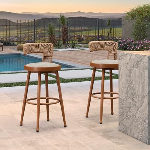 PURPLE LEAF Outdoor Swivel Bar Height Stools Set of 2 Metal Modern Wicker Bar Chairs with Back Aluminum Woven Barstools with Cushions for Kitchen Balcony Garden Indoor Teak - Thumbnail 3