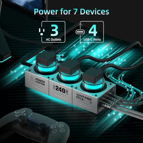Mfish E-Tank 240W GaN Desktop Charging Station, 7-in-1 Charging Hub with 3 AC Outlets & 4 USB-C Ports (Up to 140W PD 3.1), RGB Desk Power Hub for Gaming Setup, Creator Workstation & Home Office - Thumbnail 2