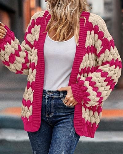 KIRUNDO Womens Cardigans Cute Color Block Stripe Long Sleeve Cardigan Sweaters Crochet Chunky Knit Sweater Outwear Trending Clothes for Women 2026 Hot Pink Outfits(Rose Red, X-Large) - Thumbnail 6