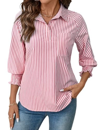 Kistore Red Striped Button Down Shirts 3/4 Sleeve Ladies Tops and Blouses V Neck Trendy Going Out Tops for Women Large - Image 1