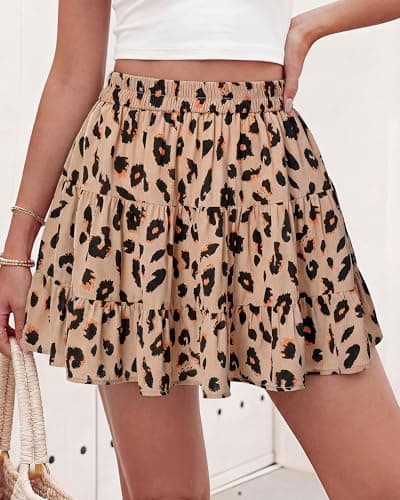 BTFBM Summer Skirts for Women 2026 Floral High Waist Shorts Underneath Boho Tiered Flowy Tennis Skorts Casual Mini Skirt(Leopard Khaki, XX-Large) - Thumbnail 6