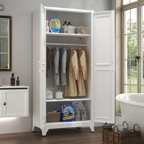 Kubohogar Metal Armoire Wardrobe Closet with 2 Doors, 71" Tall Wardrobe Closet with Doors, Hanging Rod, Drawers and Adjustable Shelves, White Clothing Storage Cabinets for Bedroom, Home Office - Thumbnail 6