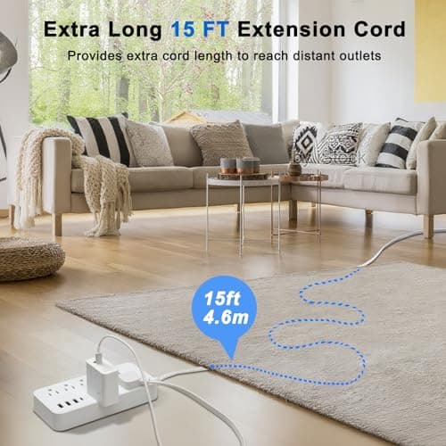 Flat Extension Cord 15 ft, Surge Protector Power Strip with 8 Outlets 4 USB Ports, 3 Prong, Outlet Extender Long Cord, Overload Protection for Indoor, Office Supplies, Dorm Room Essentials, White - Thumbnail 3