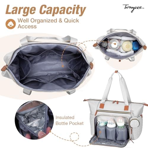 Tonyeee Diaper Bag Tote, Large Diaper Bags Waterproof, Hospital Bag for Labor Delivery, Baby Bag with Pacifier Case, Travel Diaper Tote with Changing Pad, Grey - Thumbnail 3