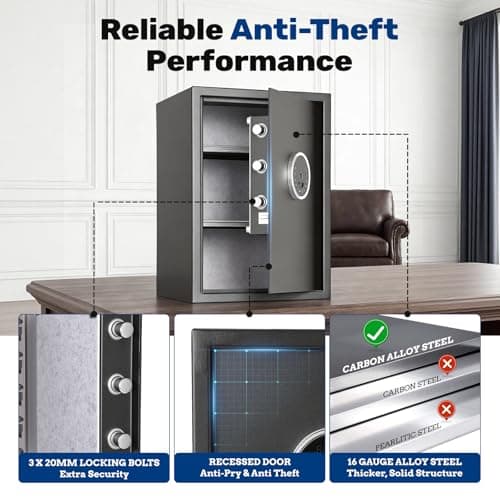 BlackSmith Home Biometric Safe 2.0 Cubic Feet Auto-Open Large Fingerprint Safe with Touchscreen Keypad Triple Alarm Security Safe Removable Shelf for Documents, Jewelry & Valuables - Thumbnail 4