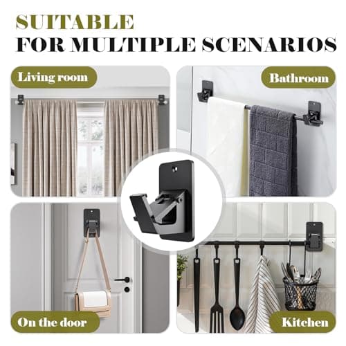 No Drill Curtain Rod Brackets, Universal Curtain Rod Holder, 2 Pack Self Adhesive Curtain Rod Bracket Heavy Duty 30 LB, Nail Free Curtain Rod Bracket for Bathroom, Bedroom, Livingroom, Kitchen, Black - Thumbnail 6