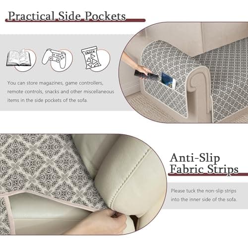 ALIECOM L Shaped Couch Cover for Sectional Sofa Waterproof Sofa Slipcover Non Slip Corner Couch Covers for Dogs Cats (Large, Floral Gray & Ivory) - Thumbnail 4