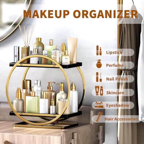 YIWANFW Makeup Organizer for Vanity, Black Gold Perfume Organizer for Dresser, 2-Tier Bathroom Countertop Organizers, Bathroom Counter Shelf Skincare Holder Perfume Tray Cosmetic Display - Thumbnail 6