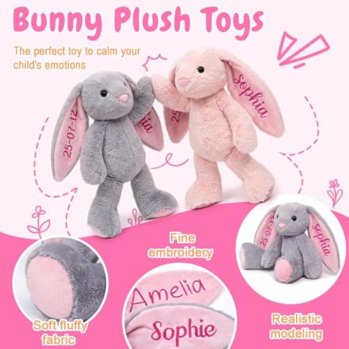 MYPHNEX Personalized Bunny Stuffed Animal, Custom Bunny Plush with Embroidered Name, Toys for 1 2 3 Year Old Baby Girls Boys, Customized Christmas Birthday Gifts for Infant Toddler Newborn (Bunny) - Thumbnail 4