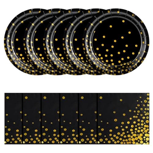 NatNarr 50 Pcs Black and Gold Plates and Napkins, Dessert Cake Plates Golden Dot Disposable Dinnerware Set Gold Black Party Decorations for Men's Birthday Graduation Retirement New Year