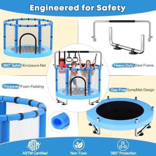 MOM Selected 60" Toddler Trampoline for Kids, 440lbs Kids Trampoline with Net, Trampoline Indoor Outdoor playset with Adjustable Gymnastics Bar, Easy Assembly - Thumbnail 2