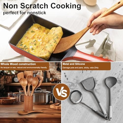 Wooden Spoons for Cooking - 8-Piece Wooden Kitchen Utensil Set made of Natural Solid Wood Material-Includes Spoons,Spatulas,Ladles,Mixing Spoon and Utensil Holder,Valentine's Day Gifts - Thumbnail 5