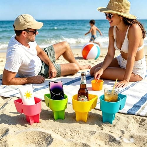 Home Queen Beach Cup Holder with Pocket, Sand Cup Holder for Drink Beverage Phone Sunglasses, Beach Vacation Accessories, Beach Trip Gifts, Multicolor 8 Piece Set - Thumbnail 4