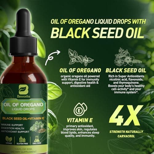 Oregano Oil Drops, Oil of Oregano with Black Seed Oil, Vitamin E, 80% Carvacrol Oregano Supplement Herbal Blend for Immune & Antioxidant Support, Digestive, Overall Health | Vegan | Non-GMO | 1 Fl Oz - Thumbnail 2