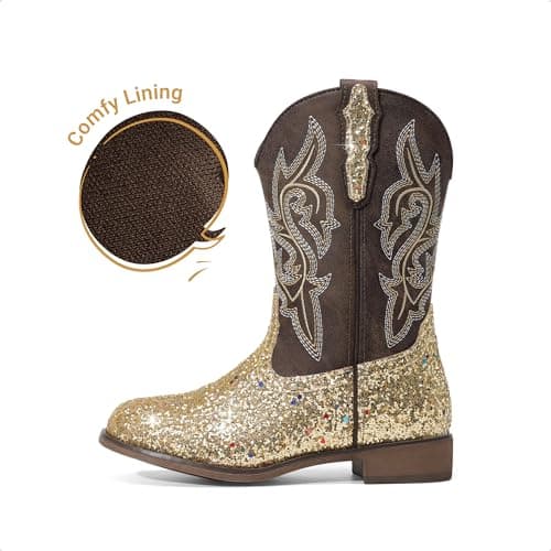 DREAM PAIRS Girls Cowgirl Boots Glitter Toddler Cowboy Boots Child Mid Calf Riding Shoes Party Birthday Dress Up for Toddler/Little/Big Kid,Size 11 Little Kid,Gold,SKMB26002K - Thumbnail 6