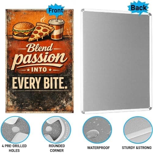 Blend Passion Into Every Bite Tin Sign Vintage Fast Food Wall Decor Retro Burger Pizza Drink Metal Poster Classic Kitchen Diner Cafe Restaurant Art 8x12 Inch Wall Display - Thumbnail 5