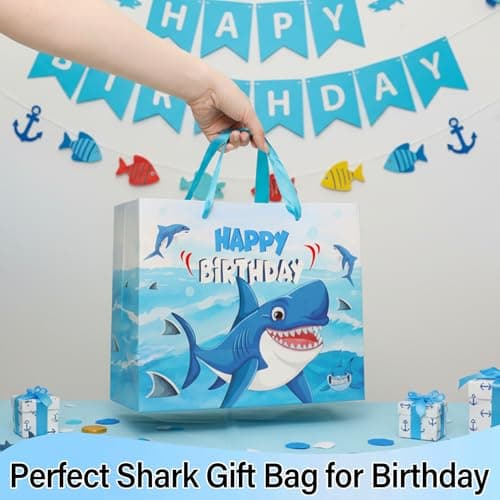 Birthday Gift Bags for Boys Girls - Blue Shark Birthday Gift Bag Ocean Gifts Bag Set for Boy Girl Big Brother Sister Durable Cartoon Shark Greeting Card Envelope 3 Tissues Paper Gift Wrapping 12 Inch - Thumbnail 2
