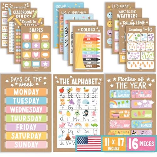 16 Educational Posters for Toddlers 1-3 - Laminated Toddler Learning Posters For Preschool & Kindergarten, Alphabet Poster Numbers Colors Shapes Days of the Week Poster for Kids, Kraft Classroom Decor - Image 1