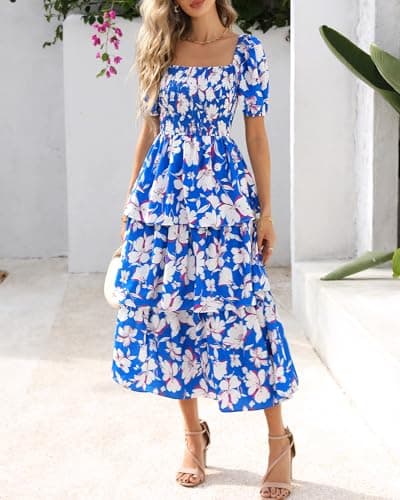 BTFBM Womens Square Neck Smocked Dress Summer Puff Short Sleeve Floral Casual Ruffle Tiered Maxi Wedding Guest Dresses(Floral Blue White, Small) - Thumbnail 6