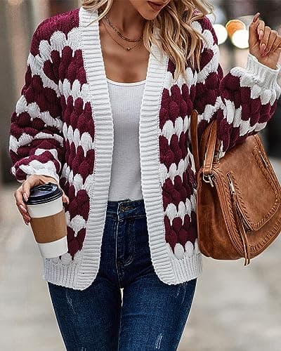 KIRUNDO Women's 2026 Fall Open Front Knitted Cardigan Cable Knit Striped Color Block Lantern Sleeve Casual Short Cardigan Sweater Winter Clothes(Wine Red, Small) - Thumbnail 6