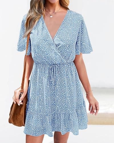 KIRUNDO Womens Summer Dresses 2026 Casual Spring Short Sleeve V Neck Ruffle Floral Print High Waist Belted Flowy Mini Dress(Medium, Light Blue) - Thumbnail 3