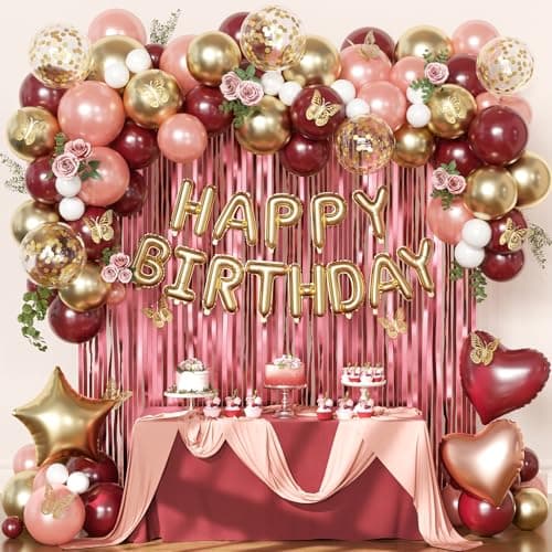 Burgundy Birthday Decorations for Women, Maroon Metallic Rose Gold White Gold Foil Confetti Balloons Happy birthday Banner Gold Butterfly Fringe Curtains Birthday Decorations for Women Girls - Image 1