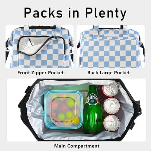 U+U Reusable Lunch Bag for Women Men Leakproof Lunch Tote Bag with Adjustable Strap, Holds Lunch Box, Snacks, Fruits for Work, Picnic or Travel - Insulated, Large Capacity, Waterproof (Blue Checkered) - Thumbnail 6