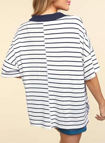 Dokotoo Summer Womens Shirts for Women 2026 Summer Cute Crop Tops White Blue Striped Polo Shirts Womens Blouses Dressy Casual Fashion Vacation Outfits Resort Wear Ladies Loose Fit Polo Shirts L - Thumbnail 2