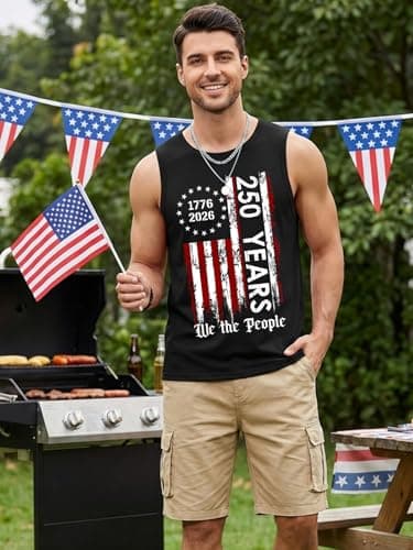 Tewmeu 250 Anniversary USA Mens Tank Tops Summer American Flag Shirts 4th of July Sleeveless Shirts 1776-2026 Chothes - Thumbnail 3