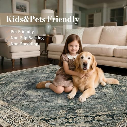 Luxcrest Green and Beige 9x12 Rug: Vintage Washable Rugs for Living Room Bedroom Soft Non Slip - Thin Stain Resistant Carpet for Dining Room Indoor - Thumbnail 4