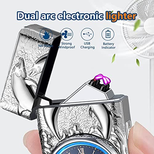 GADATOP Electric Lighters Rechargeable Cool Lighters Vintage Design Plasma Lighter with 3D Dolphin Clock LED Light for Camping Giving (Silver) - Thumbnail 2