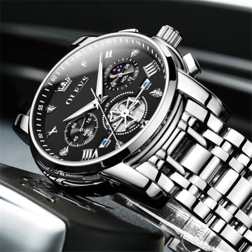 OLEVS Watch Men Luxury Dress Black Big Face Silver Stainless Steel Wrist Analog Quartz Watches for Men Waterproof Chronograph Luminous Moon Phase Cheap Mens Watches Relojes para Hombres - Thumbnail 3