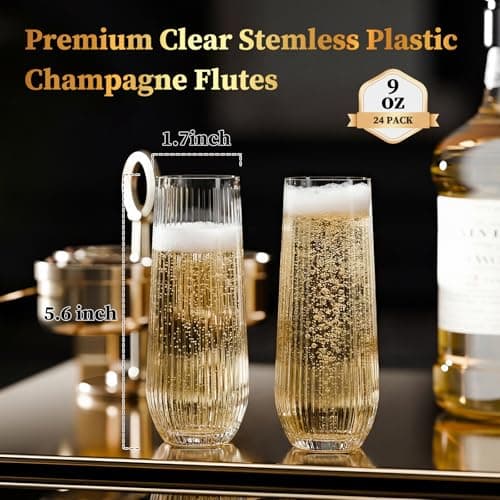 GuanQiao 24 Pack Stemless Plastic Champagne Flutes, 9oz Ribbed Disposable Champagne Glasses, Heavy Duty Shatterproof Mimosa Glasses for Wine Tasting, Wedding, Bridal Shower, Party Supplies, Birthday - Thumbnail 2