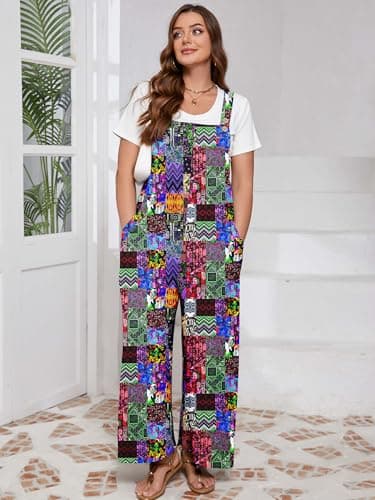 AusLook Plus Size Jumpsuits for Women Adjustable Straps Wide Leg Overalls Casual Loose with Pockets - Thumbnail 4
