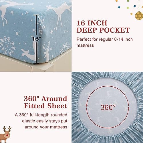 CAROMIO Christmas Bed Sheets King, Soft Brushed Microfiber Bed Sheet Set, 16 Inches Deep Pocket Fitted Sheet Winter Holiday Sheets Set (Blue, King) - Thumbnail 6