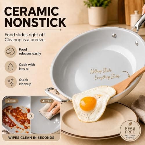 Kikcoin Nonstick Frying Pan with Lid - 12 inch Ceramic Deep Frying Pan for Cooking - 5 QT Large Saute Pan with Stay Cool Handle, Induction Ready, PFAS/PTFE/PFOA Free, All Oven/Dishwasher Safe - Thumbnail 3