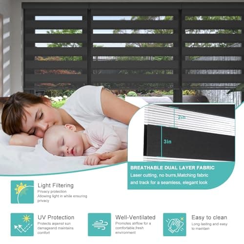 Changshade Cordless Zebra Blinds for Windows, Modern Dual Layer Zebra Blinds with Light Filtering & Privacy Control,Easy Install Zebra Blinds for Indoor Windows,（23" W×72" H,Black） - Thumbnail 3