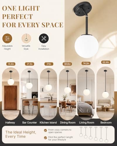 Majade Globe Pendant Lights Kitchen Island Mid Century Modern Pendant Light Fixtures 2 Pack 7.4 Inch Black Ceiling Lighting with Milk White Glass Shade Adjustable Hanging Light for Dining Room - Thumbnail 4